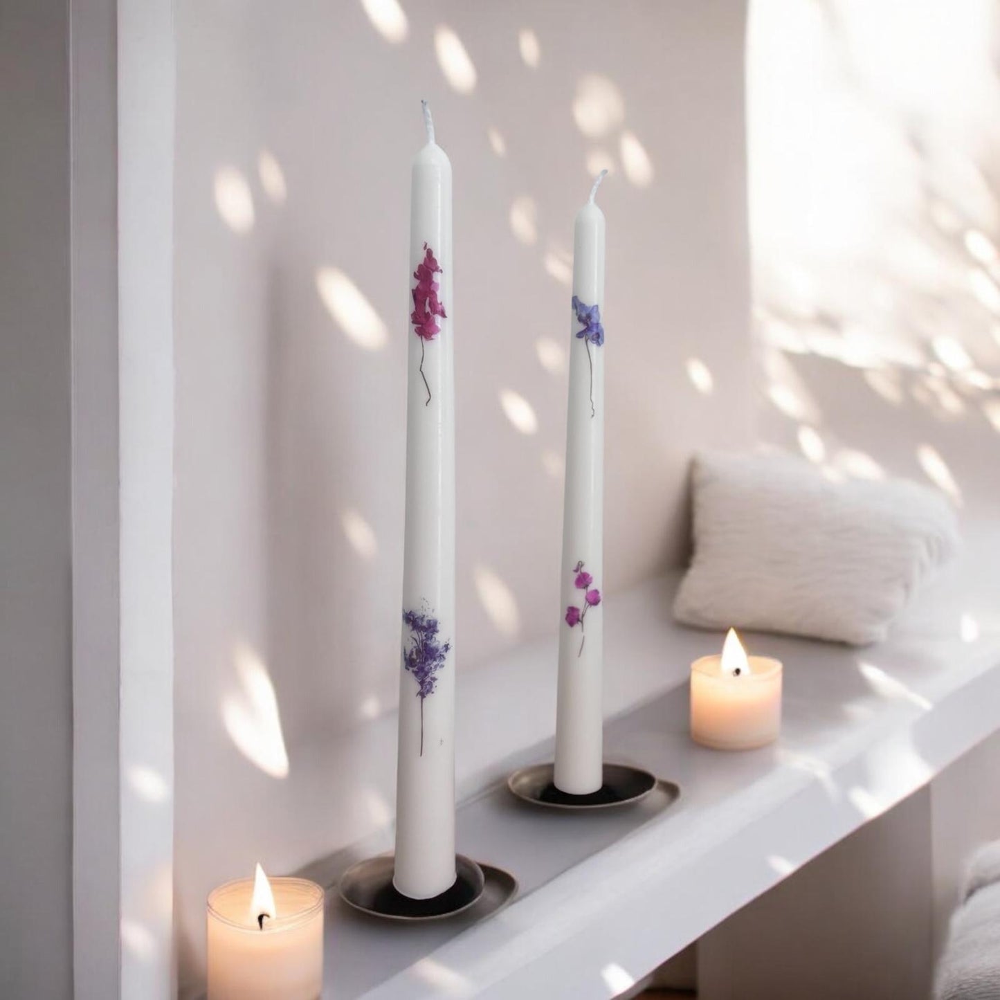 Set of 2 Taper Candles with Colorful Flowers.
