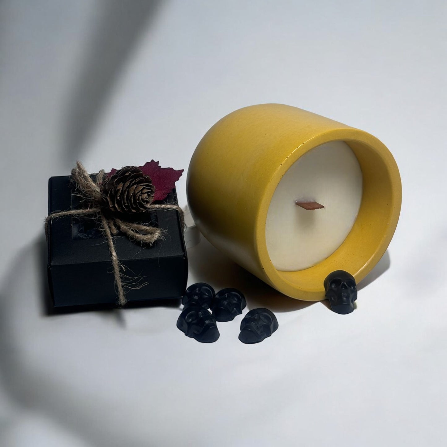 Yellow Concrete Classic Candle Jar, Black Skull Heads.