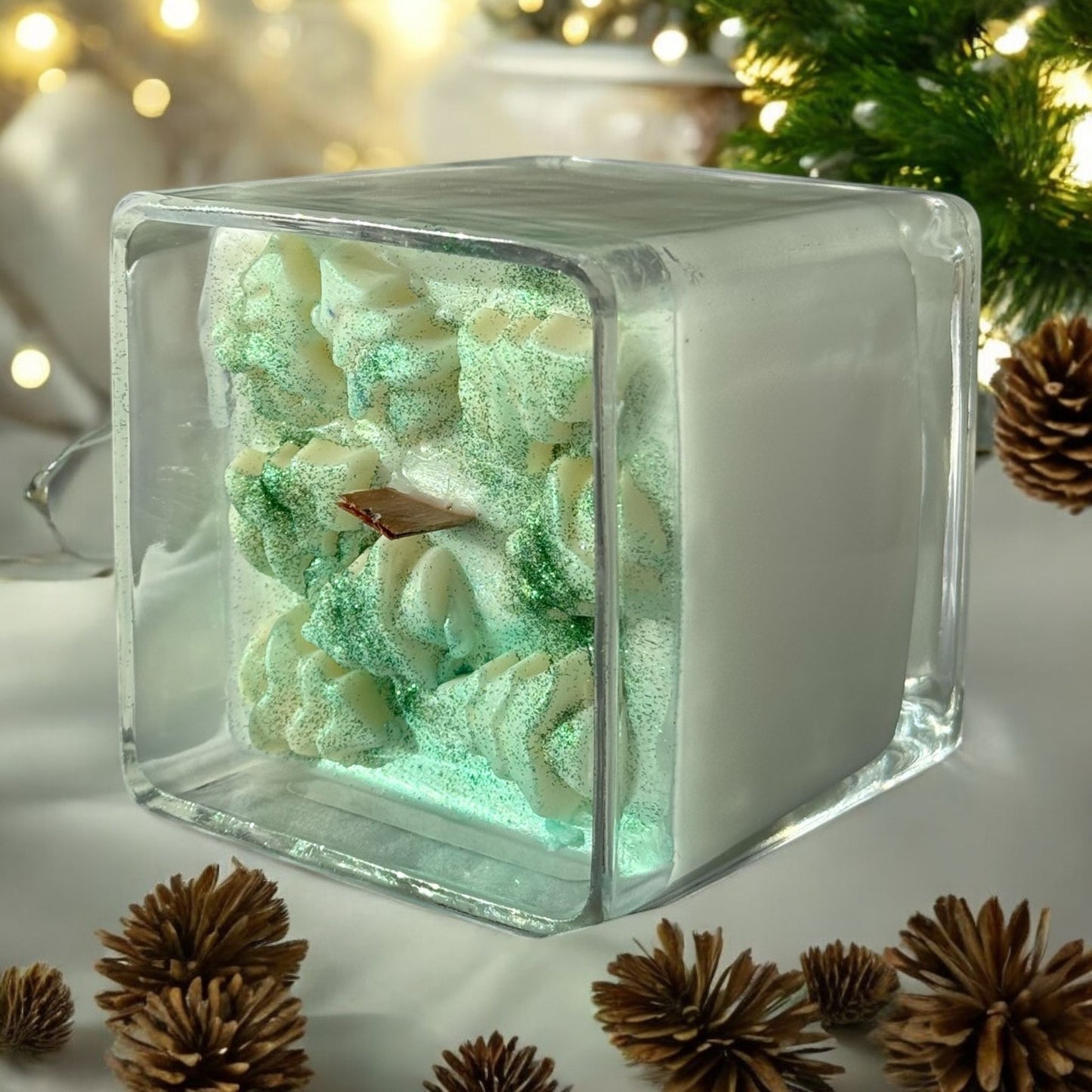 Christmas Large Square Glass Jar Candles, Cherry Wood Wick.