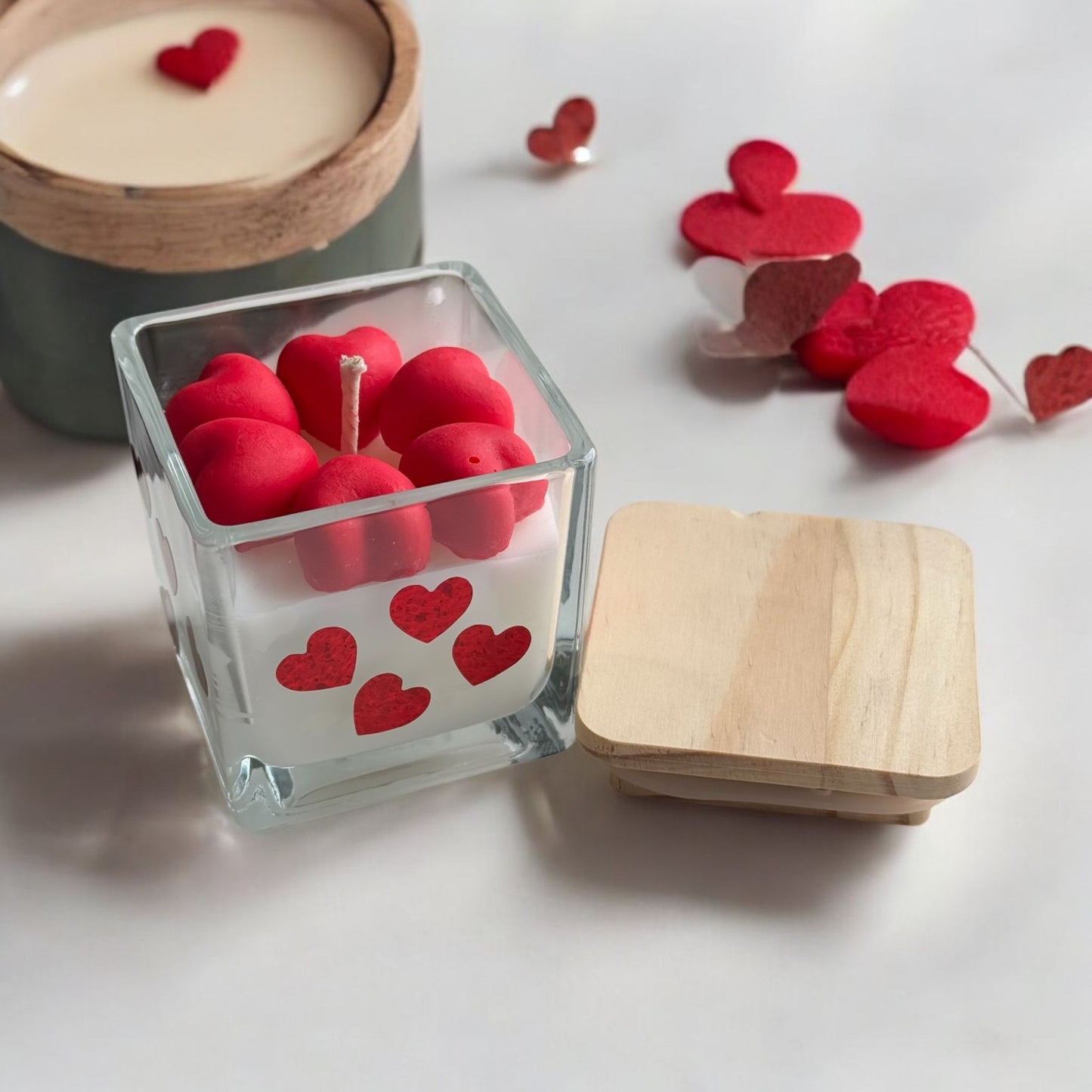 Love Square Glass Jar Candles, Wood Lid, Red Hearts