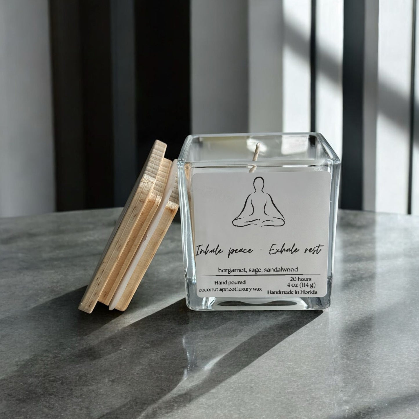 Inhale peace - Exhale the rest, Square Glass Jar Candle