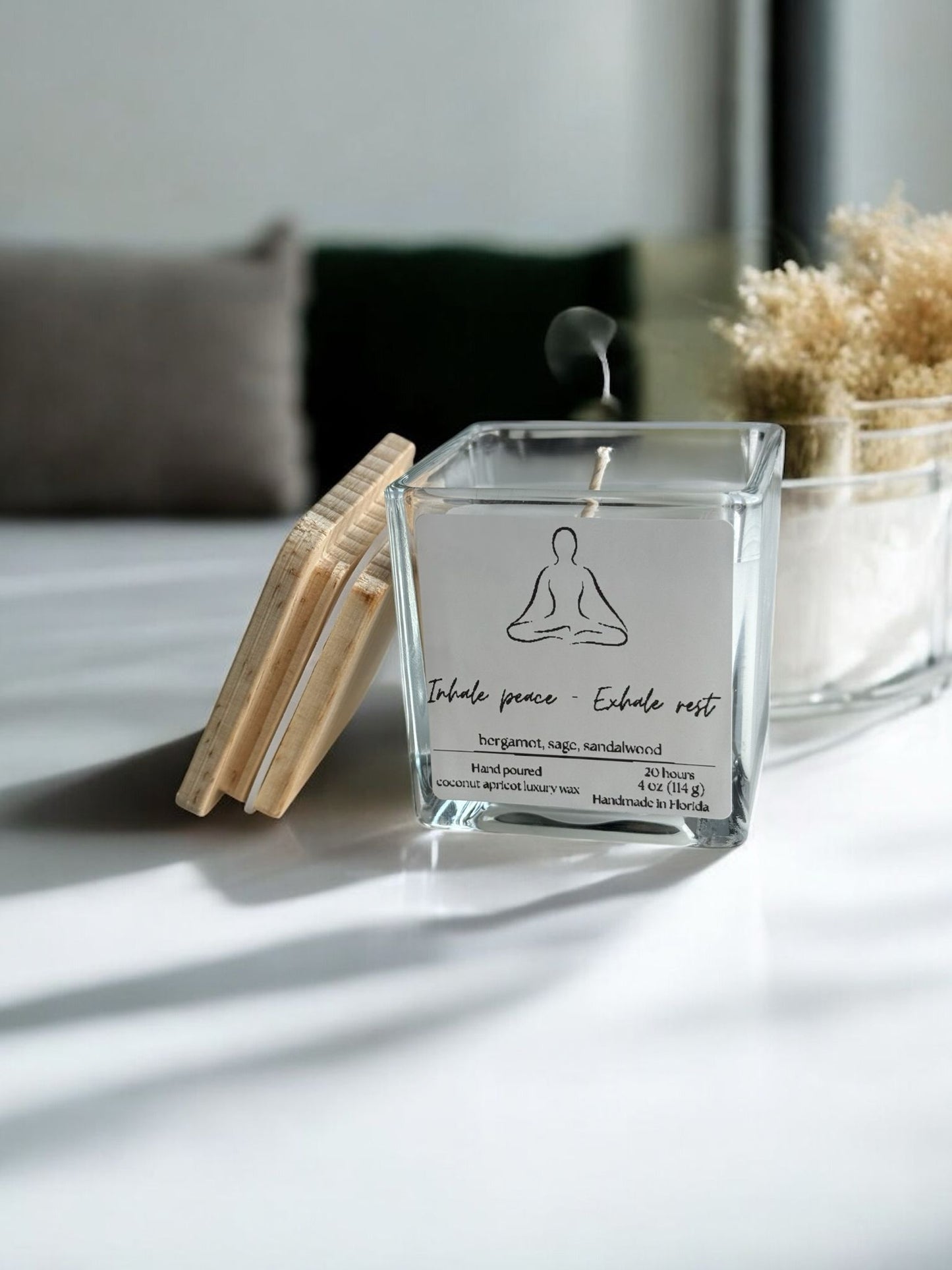 Inhale peace - Exhale the rest, Square Glass Jar Candle