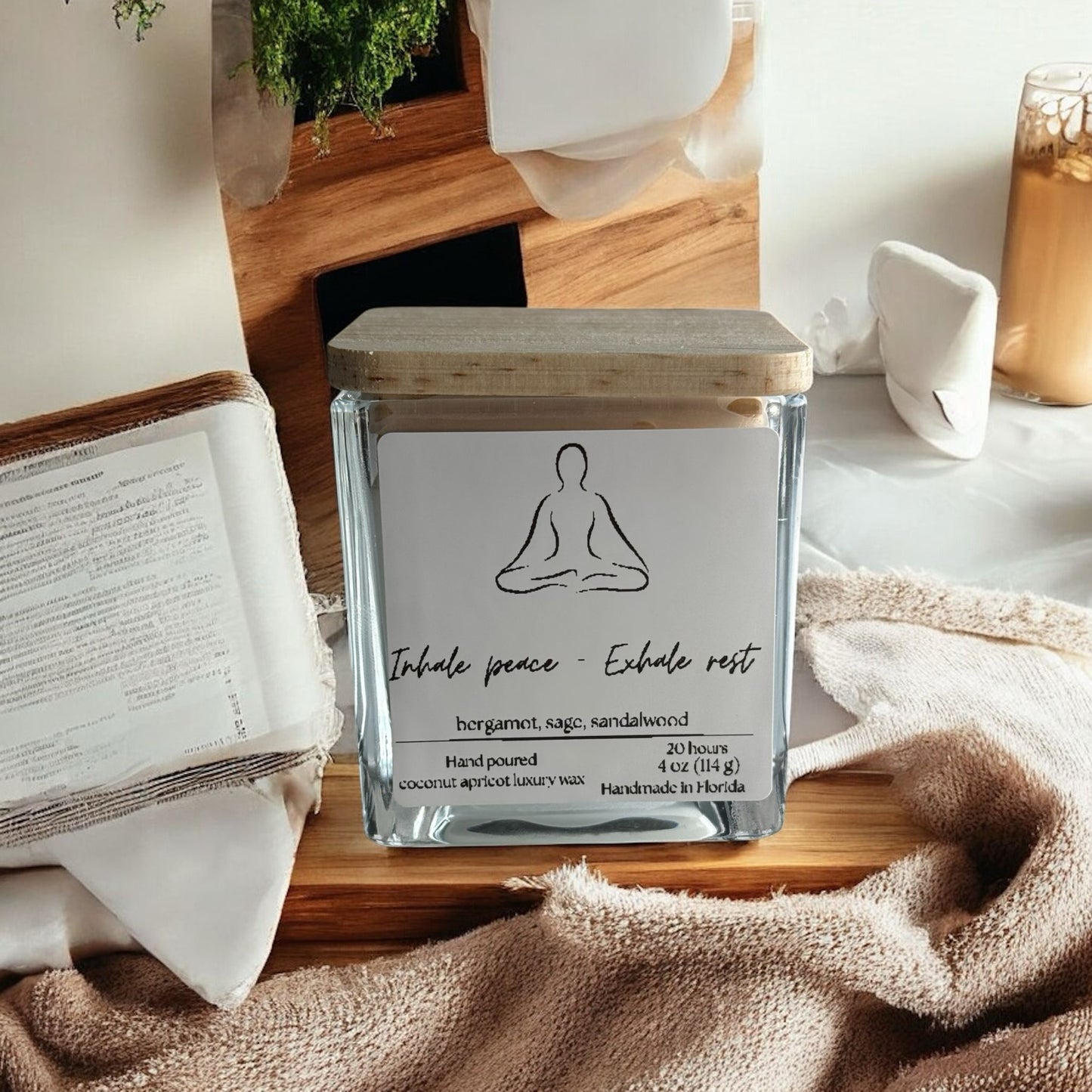 Inhale peace - Exhale the rest, Square Glass Jar Candle