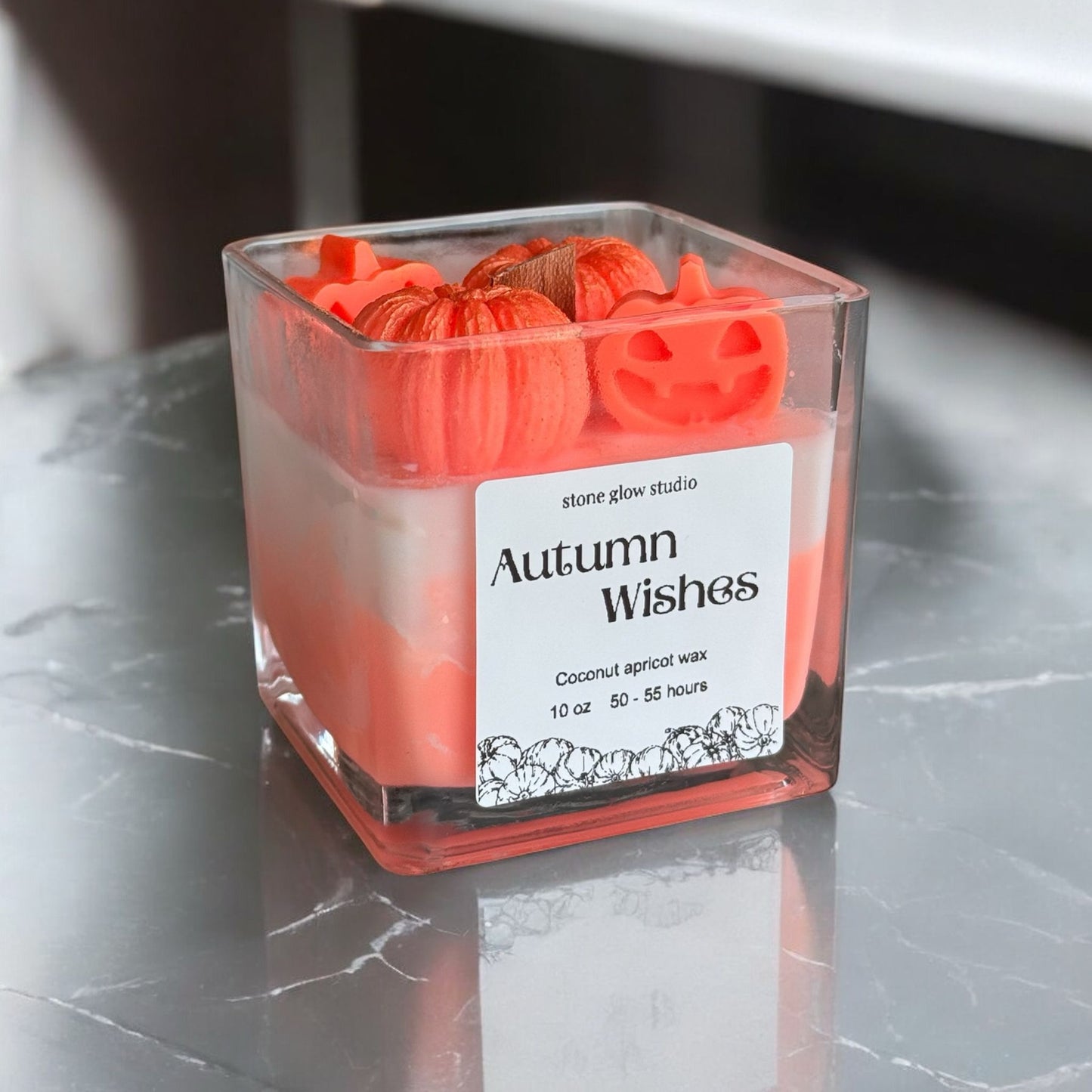 Autumn Wishes Halloween Square Glass Jar Candle