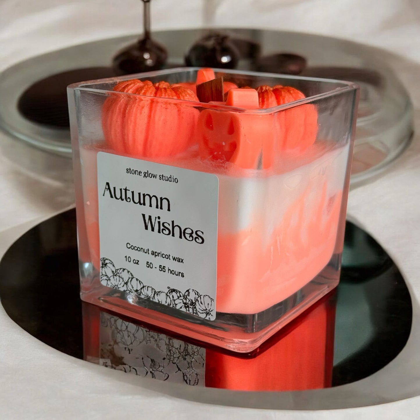 Autumn Wishes Halloween Square Glass Jar Candle
