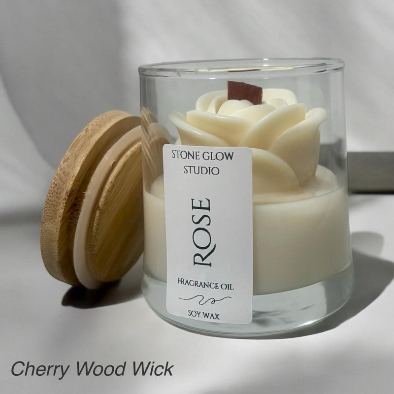 Rose Candle, Glass Jar, Cherry Wood Wick.