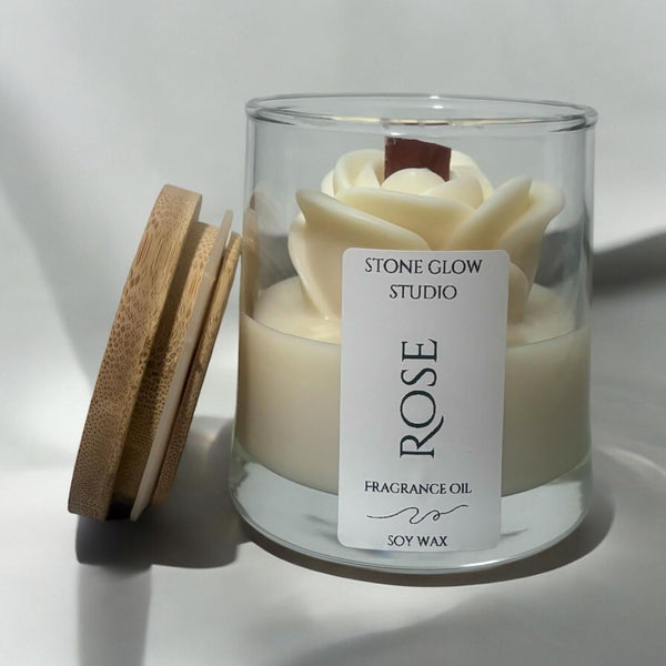 Rose Candle, Glass Jar, Cherry Wood Wick.