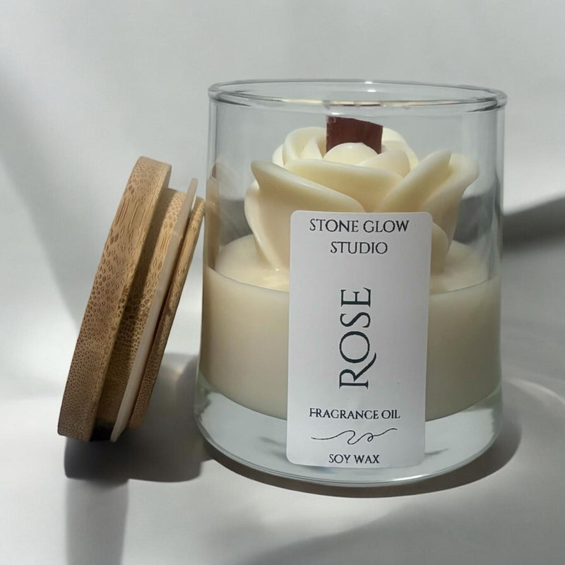 Rose Candle, Glass Jar, Cherry Wood Wick.