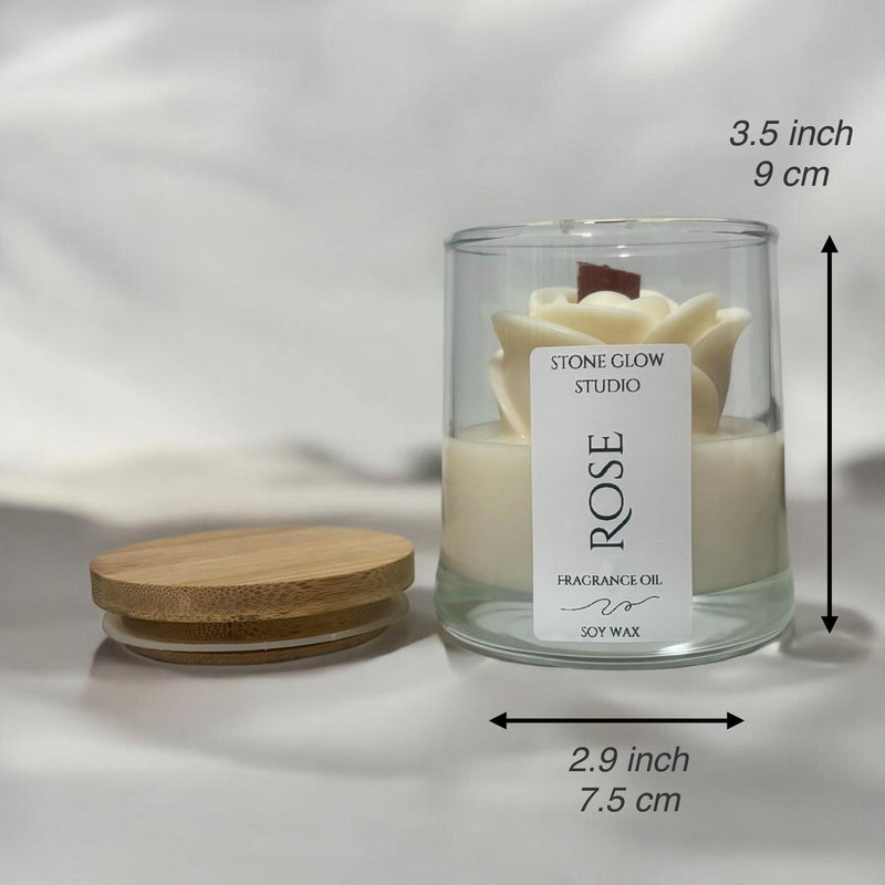 Rose Candle, Glass Jar, Cherry Wood Wick.