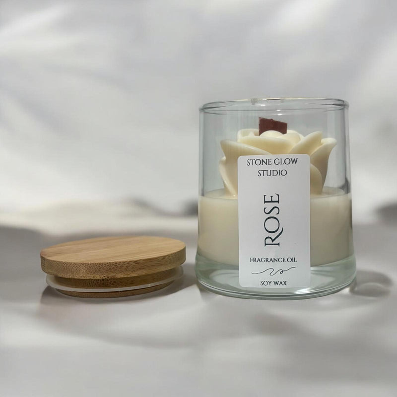 Rose Candle, Glass Jar, Cherry Wood Wick.