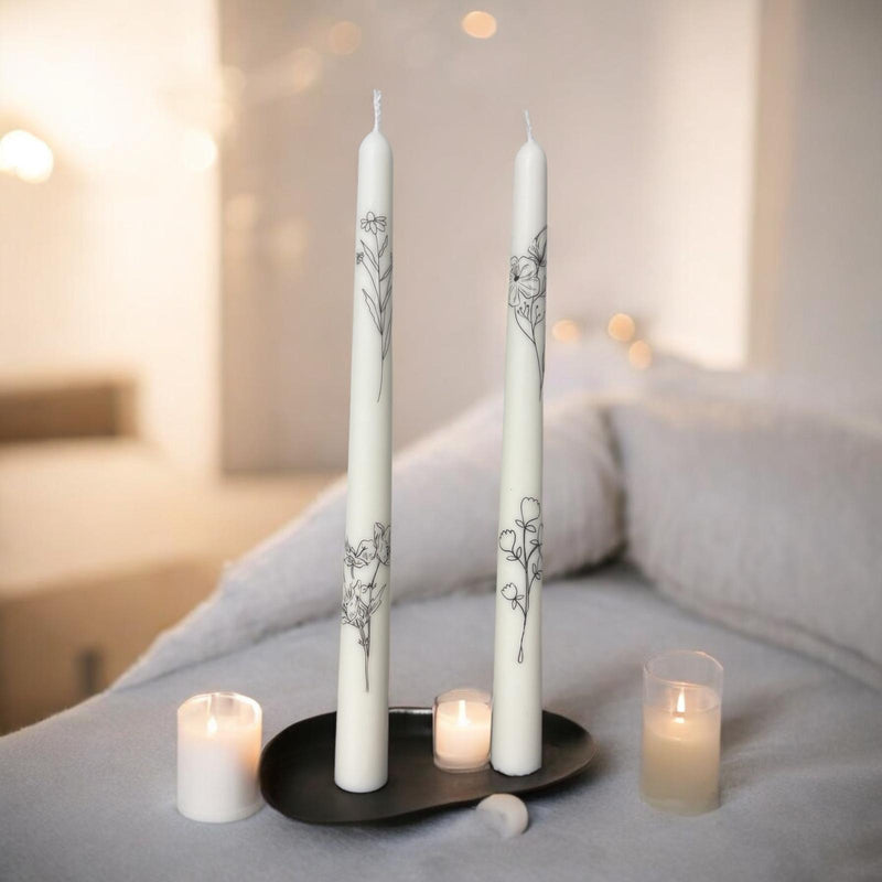 Set of 2 Taper Candles with Flowers.