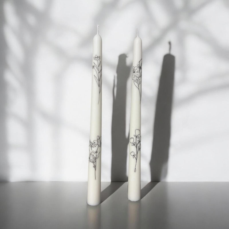 Set of 2 Taper Candles with Flowers.