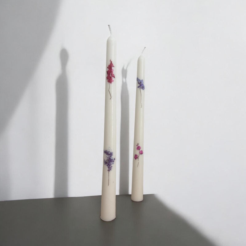Set of 2 Taper Candles with Colorful Flowers.