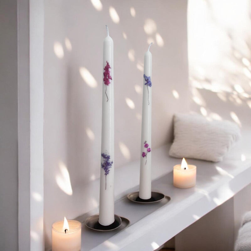 Set of 2 Taper Candles with Colorful Flowers.