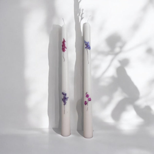 Set of 2 Taper Candles with Colorful Flowers.