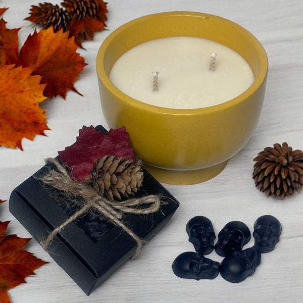 Yellow Candle Bowl, Black Skull Heads.