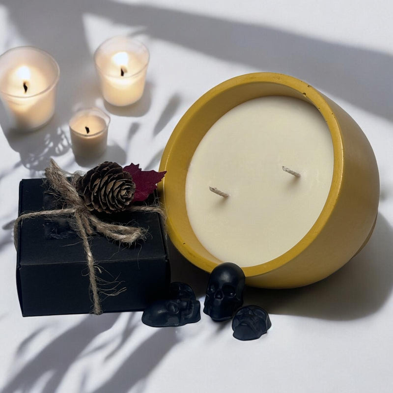 Yellow Candle Bowl, Black Skull Heads.