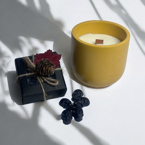 Yellow Concrete Classic Candle Jar, Black Skull Heads.