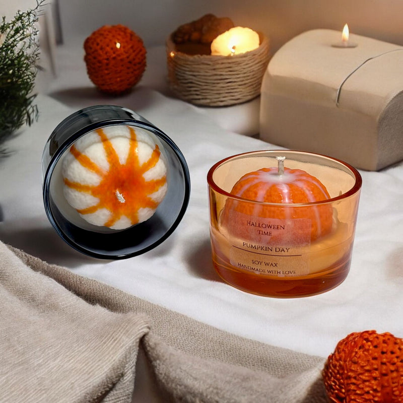Pumpkin Set of Two Glass Jar Candles.