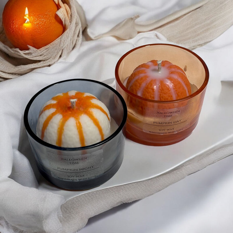 Pumpkin Set of Two Glass Jar Candles.