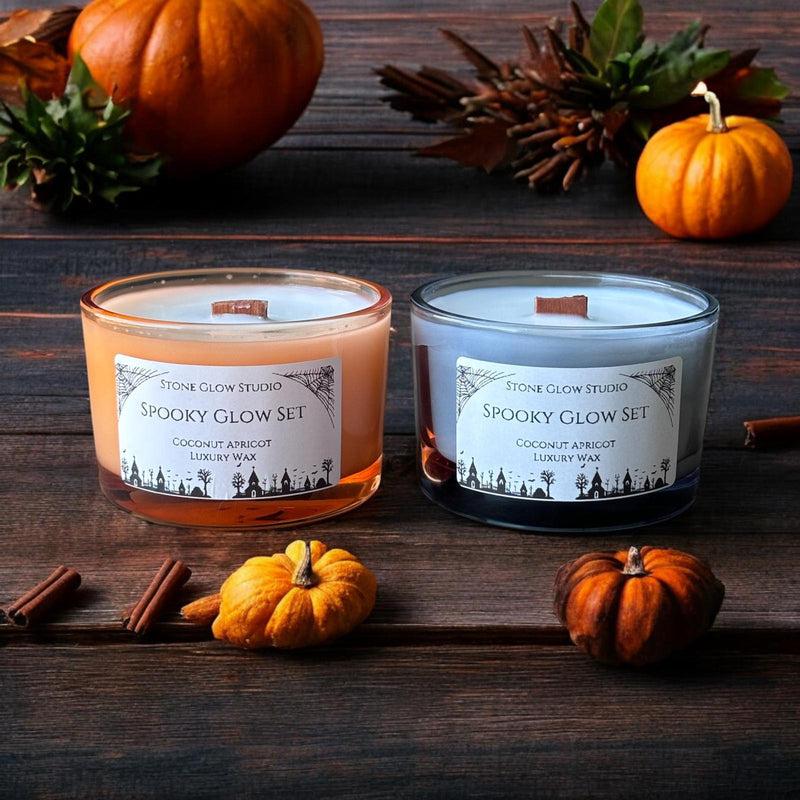 Spooky Set of 2 Glassware Candles, Cherry Wood Wick.