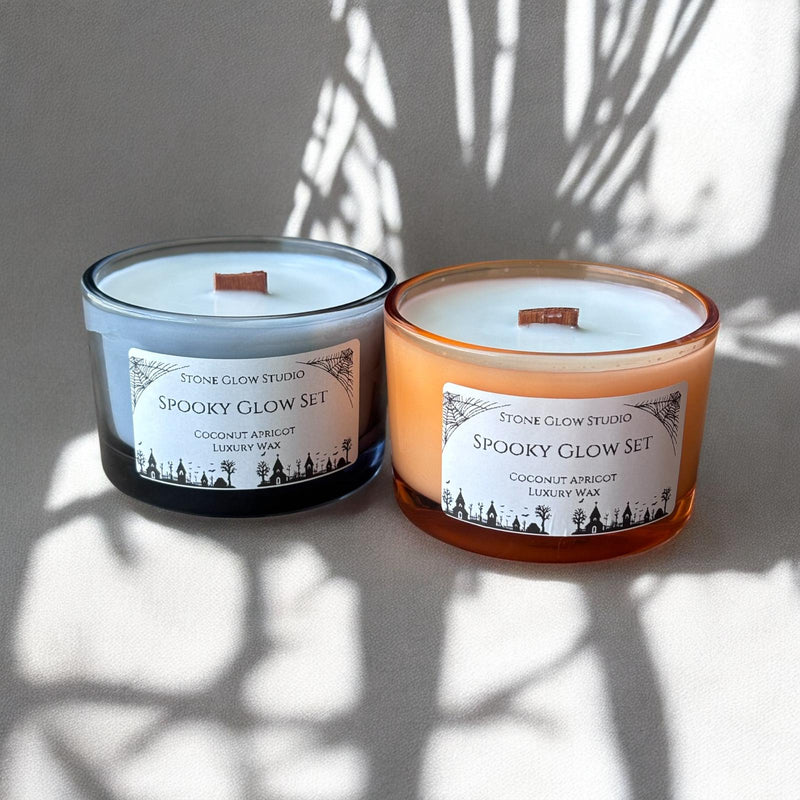 Spooky Set of 2 Glassware Candles, Cherry Wood Wick.