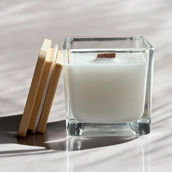 Square Glass Jar Candles, Cherry Wood Wick, Wood Lid.