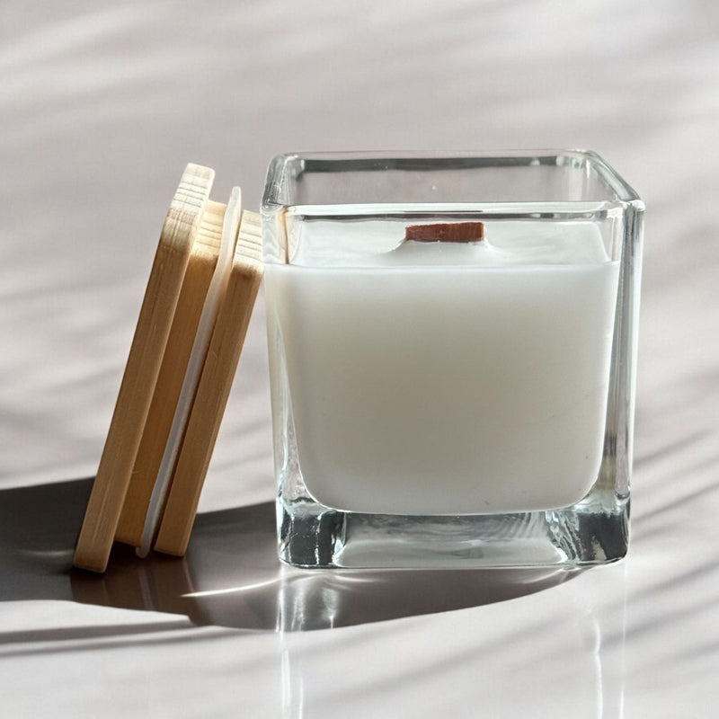 Square Glass Jar Candles, Cherry Wood Wick, Wood Lid.