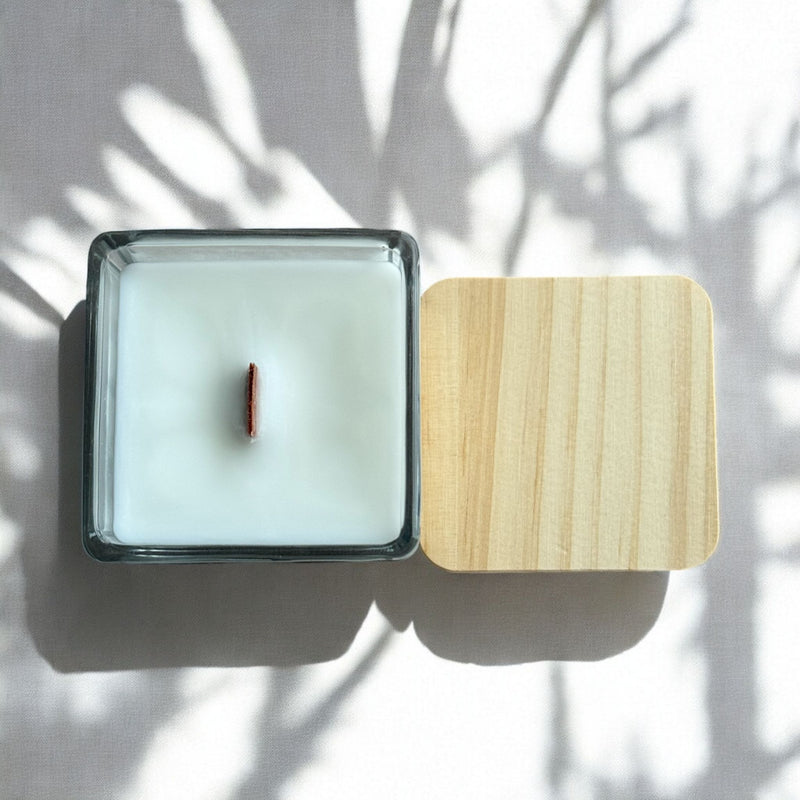 Square Glass Jar Candles, Cherry Wood Wick, Wood Lid.