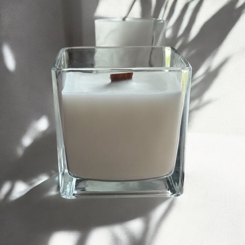 Large Square Glass Jar Candles, Cherry Wood Wick.
