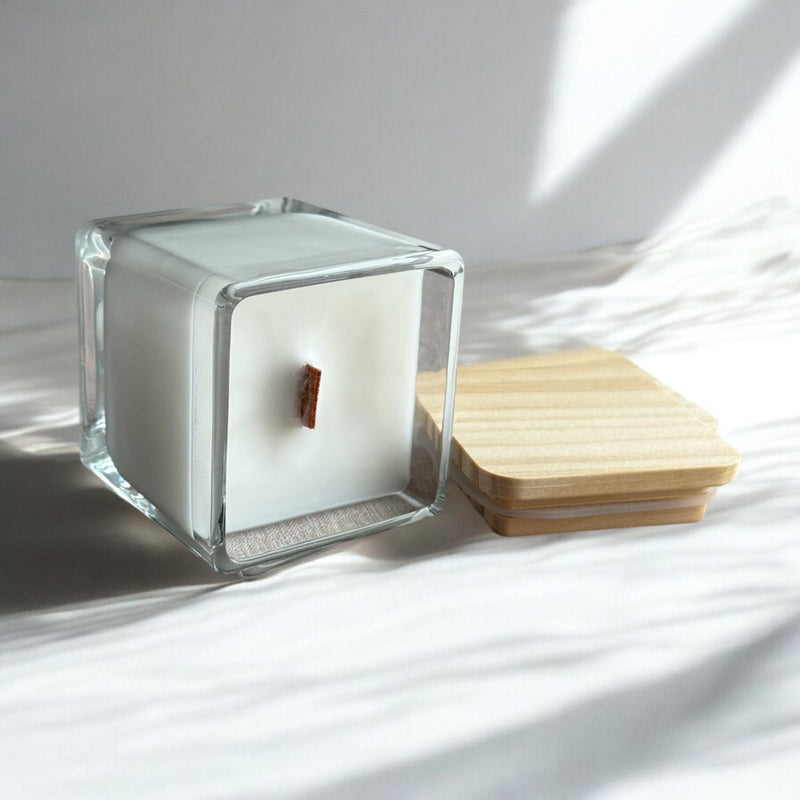 Square Glass Jar Candles, Cherry Wood Wick, Wood Lid.