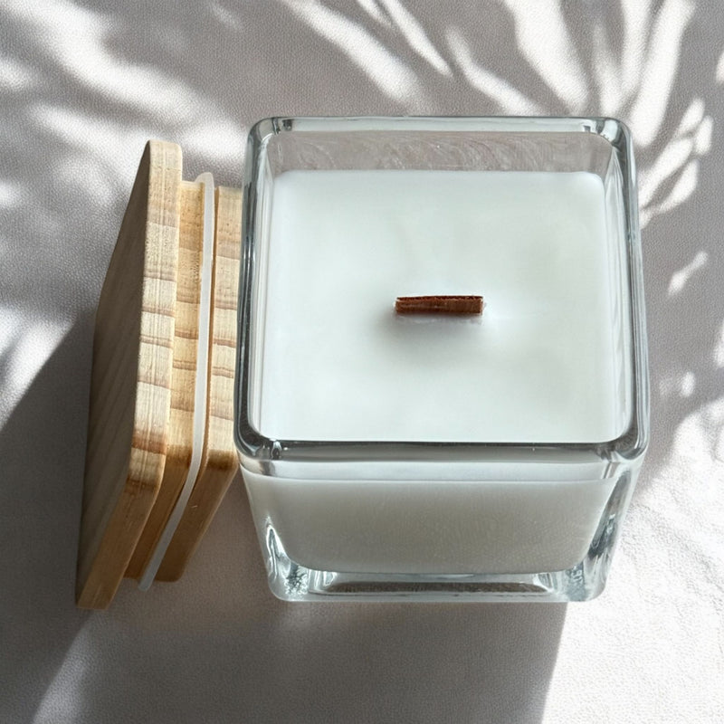 Square Glass Jar Candles, Cherry Wood Wick, Wood Lid.