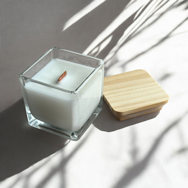 Square Glass Jar Candles, Cherry Wood Wick, Wood Lid.