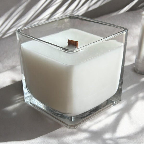 Large Square Glass Jar Candles, Cherry Wood Wick.
