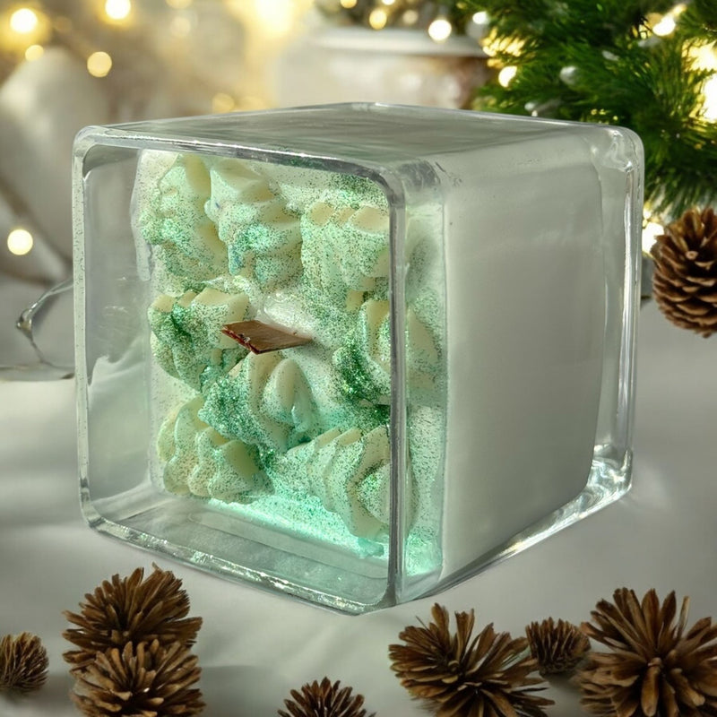 Christmas Large Square Glass Jar Candles, Cherry Wood Wick.