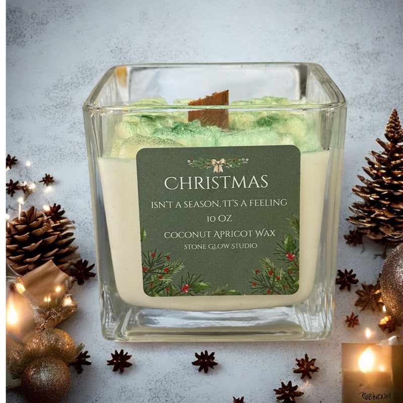 Christmas Large Square Glass Jar Candles, Cherry Wood Wick.