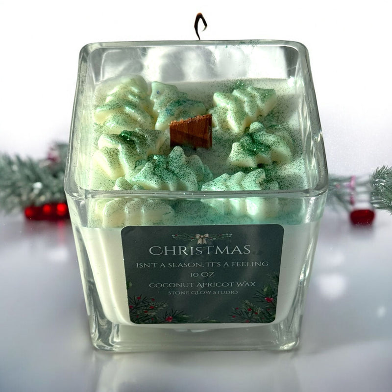 Christmas Large Square Glass Jar Candles, Cherry Wood Wick.