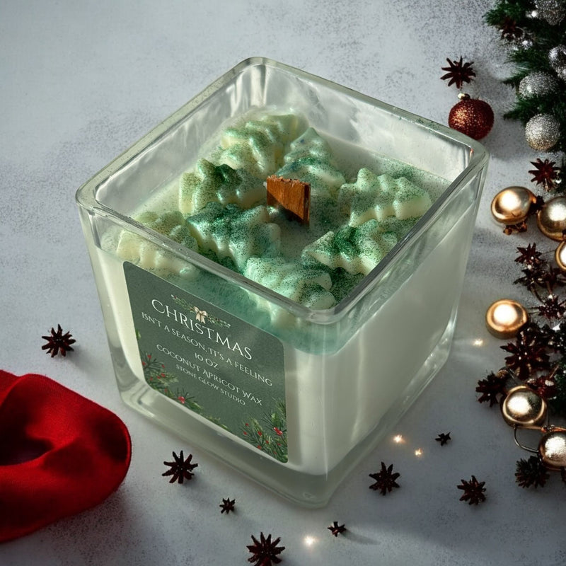Christmas Large Square Glass Jar Candles, Cherry Wood Wick.