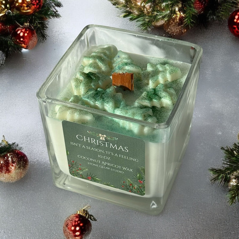 Christmas Large Square Glass Jar Candles, Cherry Wood Wick.