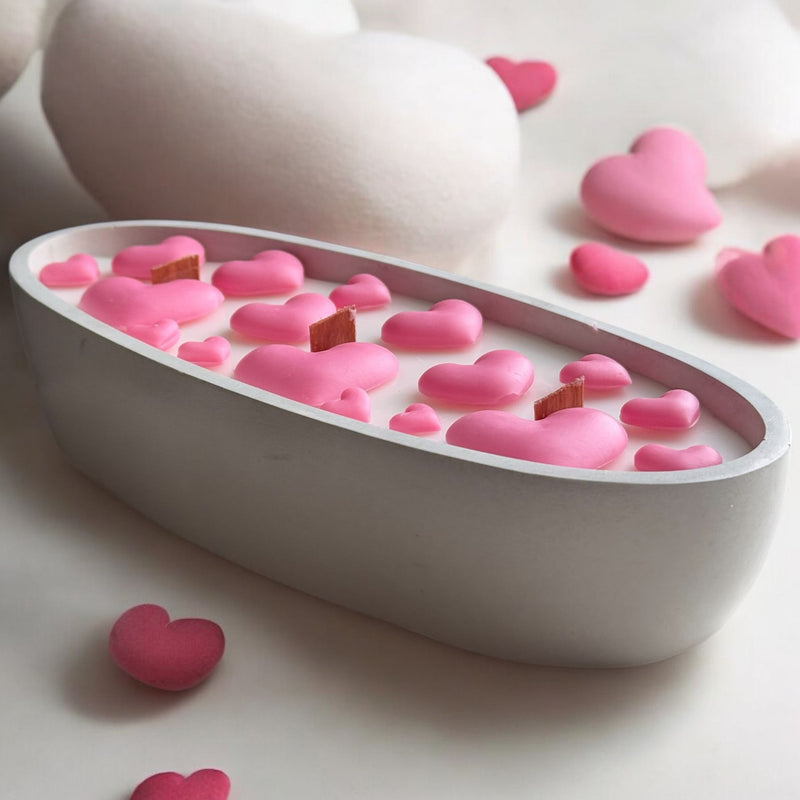 Concrete Boat Candle with Pink Hearts on Top