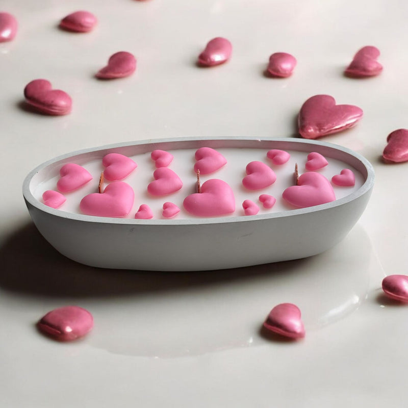 Concrete Boat Candle with Pink Hearts on Top
