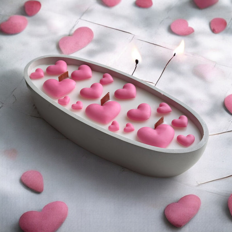 Concrete Boat Candle with Pink Hearts on Top