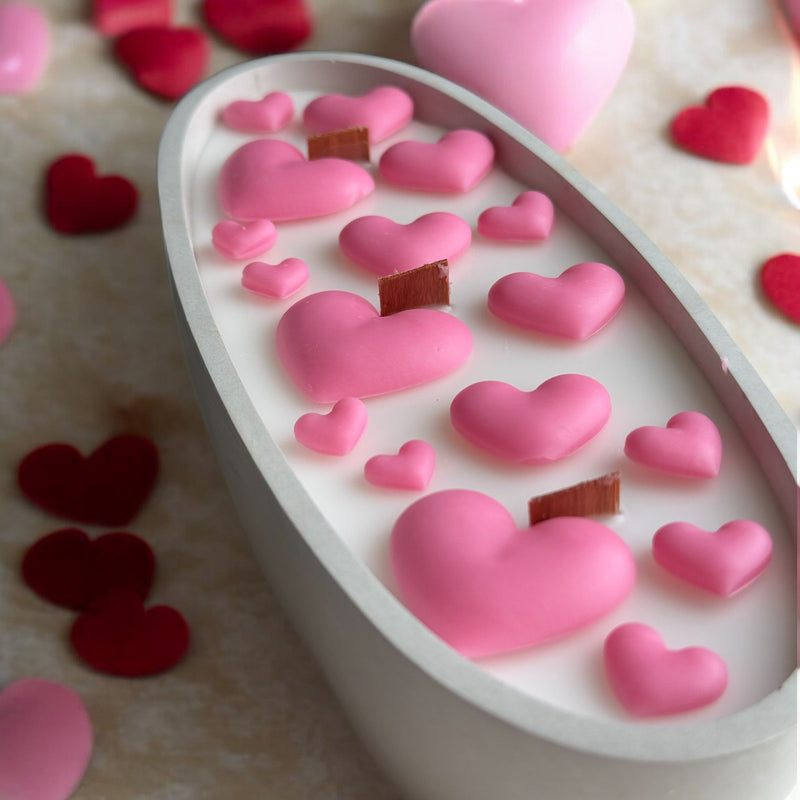 Concrete Boat Candle with Pink Hearts on Top