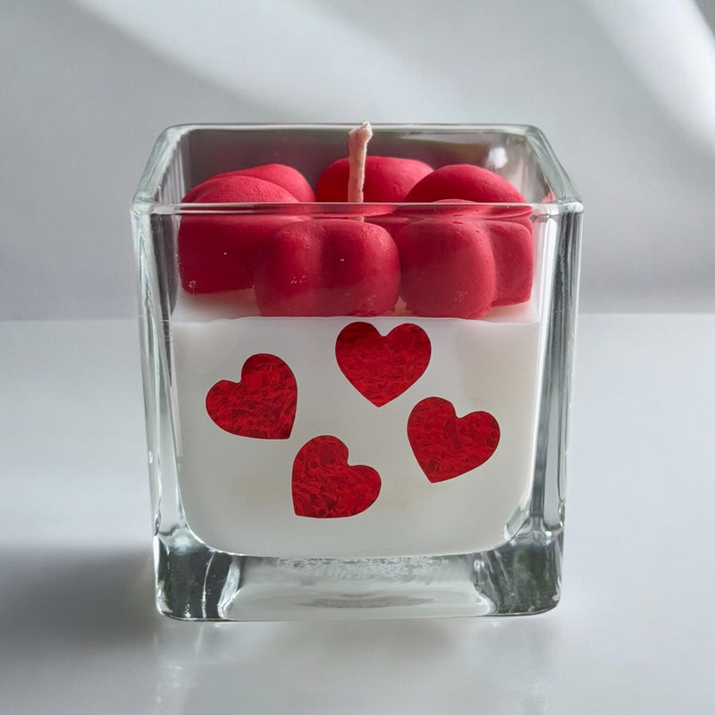 Valentine's Day Square Glass Jar Candles, Wood Lid, Red Hearts