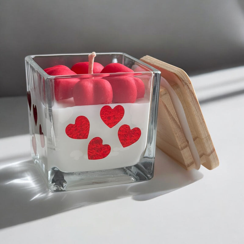 Valentine's Day Square Glass Jar Candles, Wood Lid, Red Hearts