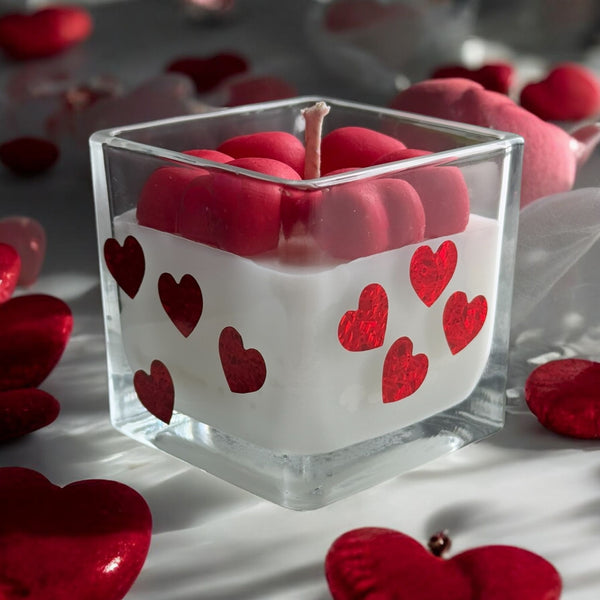 Valentine's Day Square Glass Jar Candles, Wood Lid, Red Hearts