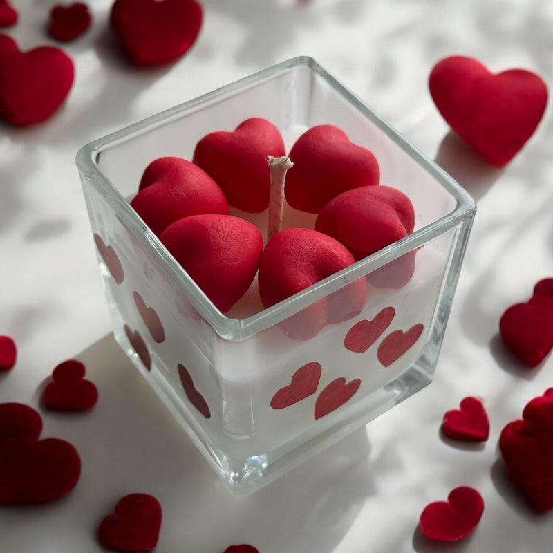 Valentine's Day Square Glass Jar Candles, Wood Lid, Red Hearts