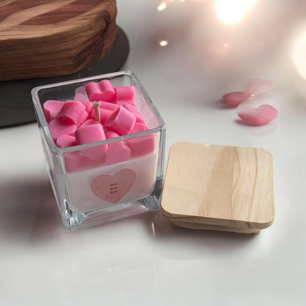 Valentine's Day Square Glass Jar Candles, Wood Lid, Pink Hearts
