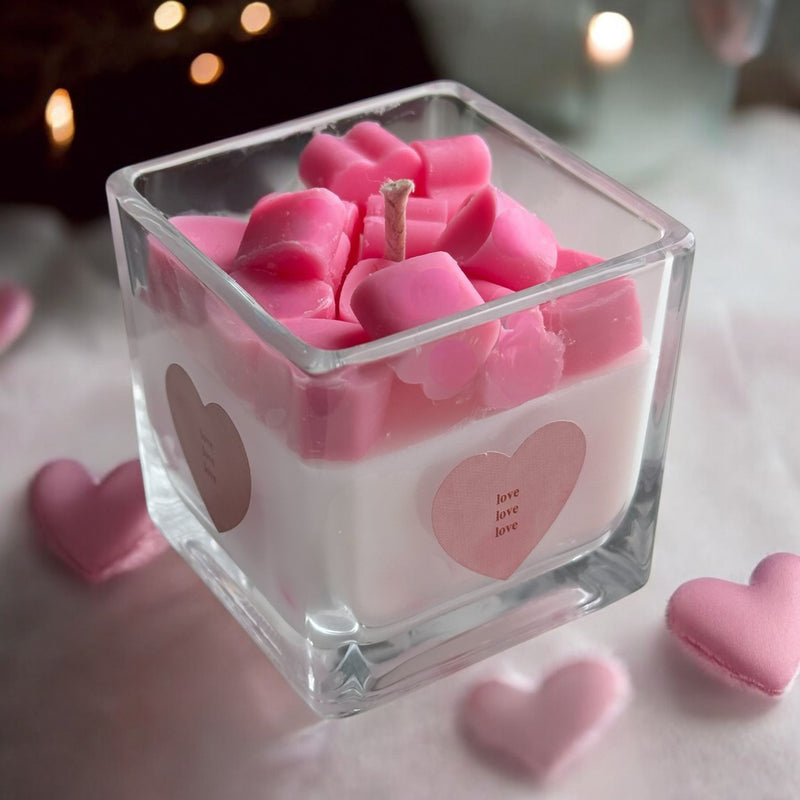 Valentine's Day Square Glass Jar Candles, Wood Lid, Pink Hearts