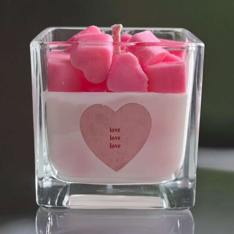 Valentine's Day Square Glass Jar Candles, Wood Lid, Pink Hearts